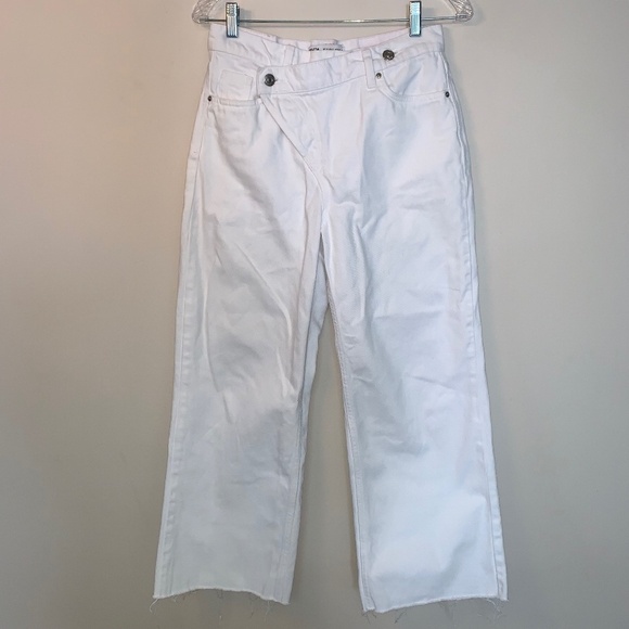 Zara Crossover Waist Wide Leg Cropped White Jeans 2 - Picture 2 of 11